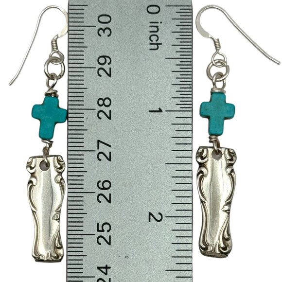 Vintage Spoon Handle Earrings With Turquoise Cross Accents & 925 Silver Hooks - Picture 8 of 12
